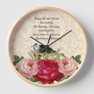 Horloge Papier damassé avec mur de roses rouges roses