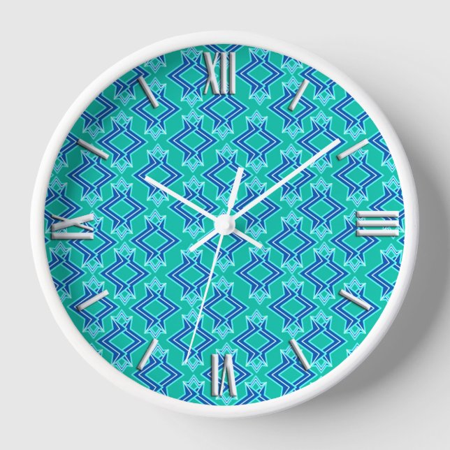 Horloge Papier peint Art Déco Motif, Turquoise et Cobalt (Recto)