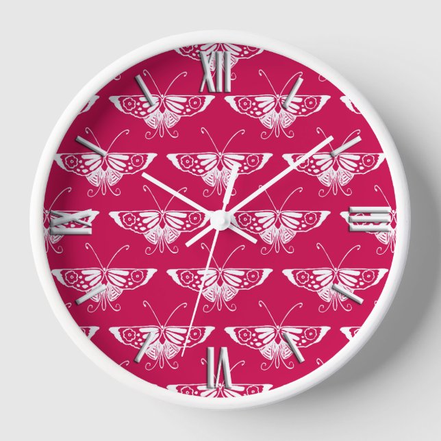 Horloge Papillon déco stylisé - rose fuchsia (Recto)