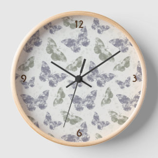 Horloge Papillons en mauve & sauge, aquarelle grungy
