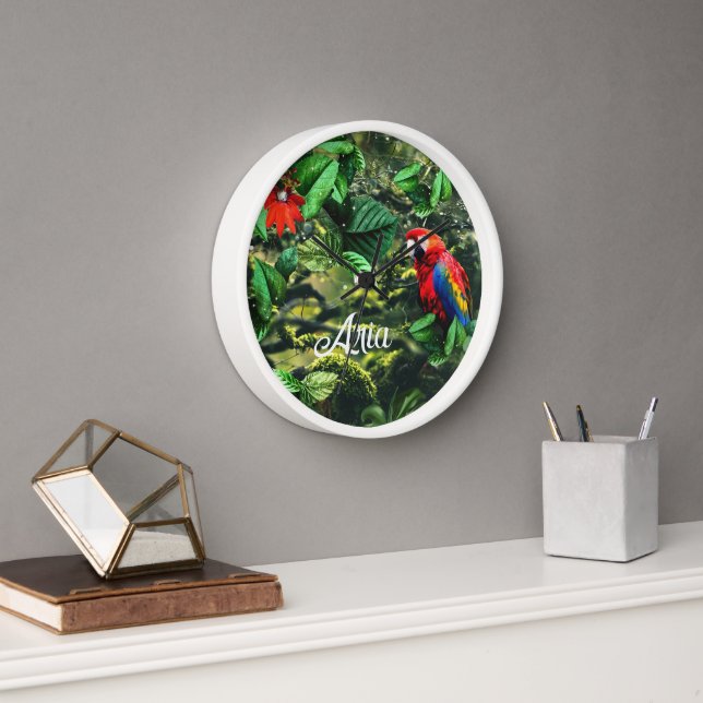 Horloge Parrot écarlate macaw dans la jungle avec des fleu (Bureau)