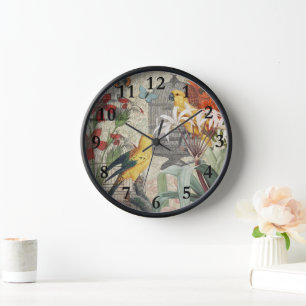 Horloge Parrot Jaune Tropical Antique Fleur