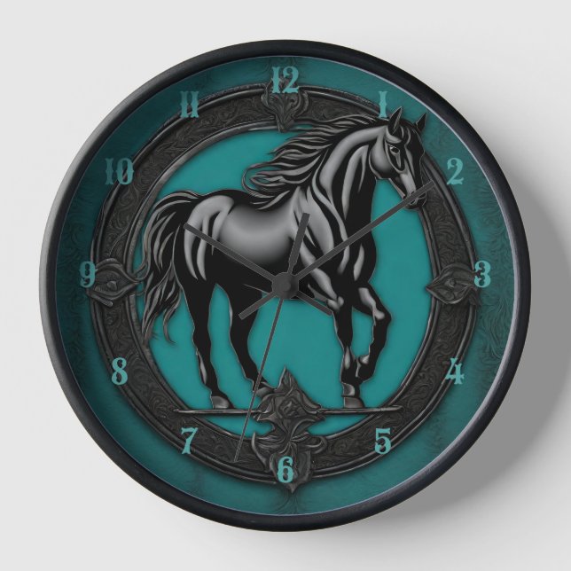 Horloge Pays de l'Ouest équestre Turquoise Cheval noir (Recto)