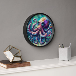 Horloge Peinture à l'huile de pieuvre lunaire Plage nautiq