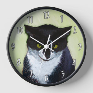 Horloge Peinture de chat Tuxedo - Cute Original Cat Art