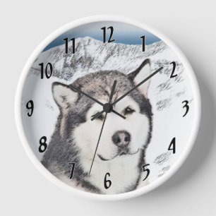 Horloge Peinture de Malamute d'Alaska - Art de chien origi
