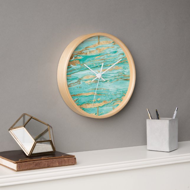 Horloge Peinture Liquide Mint Or Abstrait en Marbre (Bureau)