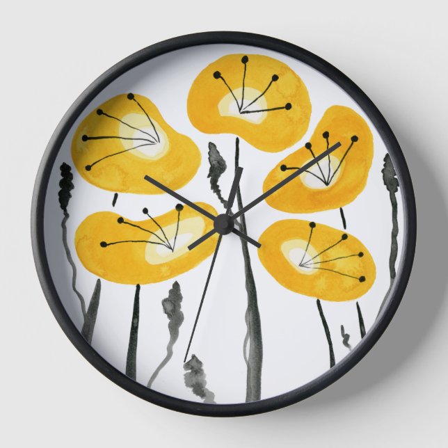 Horloge Pépites jaunes, Fleurs Abstraites d'aquarelle (Recto)