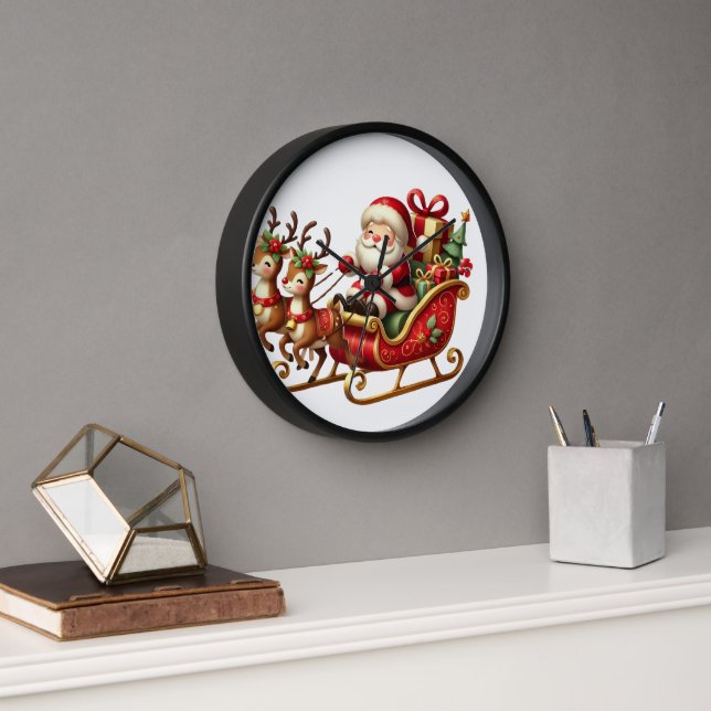 Horloge Père Noël Sleigh avec rennes et cadeaux - Charme (Bureau)