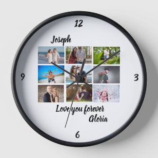 Horloge Personnalisé Anniversaire moderne 9 Photo Collage