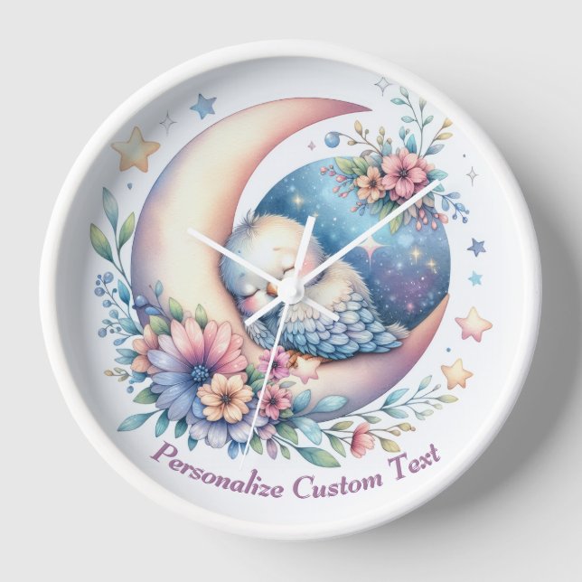 Horloge Personnalisé mignon bébé oiseau dormant sur la lun (Recto)