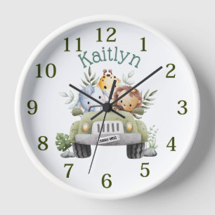 Horloge Personnalisé Nom Jungle Safari Animaux Green Truck