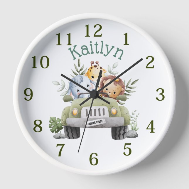 Horloge Personnalisé Nom Jungle Safari Animaux Green Truck (Recto)