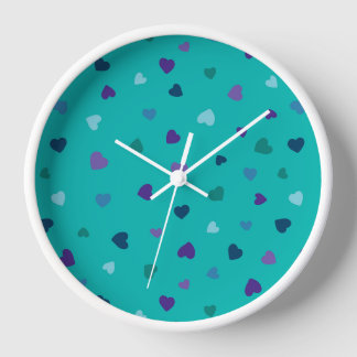 Horloge Petits cœurs, violet, sarcelle, bleu sur turquoise