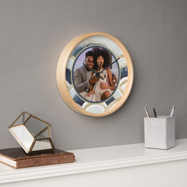 Horloge Photo personnalisée Motif d'aquarelle bleu (Bureau)