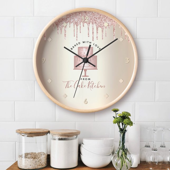 Horloge Pink Glitter Drips Cake Bakery Pastry Chef Gold (Créateur téléchargé)