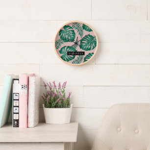 Horloge Pink & Green Palm Feuille Motif & nom