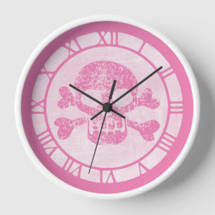 Horloge Pink Worn Skull et Crossbones Round Clock
