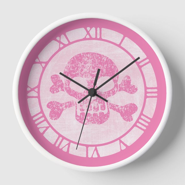 Horloge Pink Worn Skull et Crossbones Round Clock (Recto)