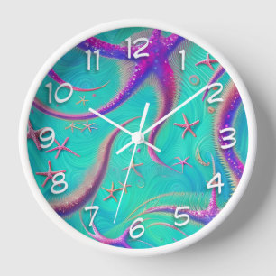 Horloge Plage de Starfish turquoise et violet à thème