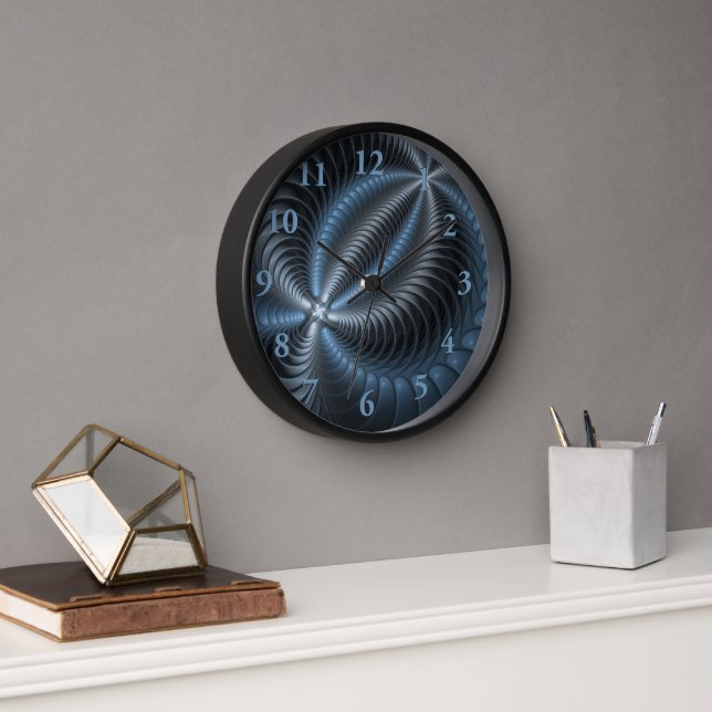 Horloge Plastique bleu gris 3D Fractal Art moderne Abstrai (Bureau)