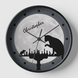 Horloge Pleine lune personnalisée Chat et jeu d'échecs de