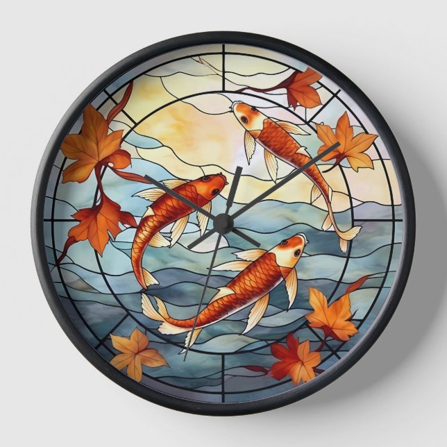 Horloge Poisson japonais Koi et feuilles d'automne (Recto)
