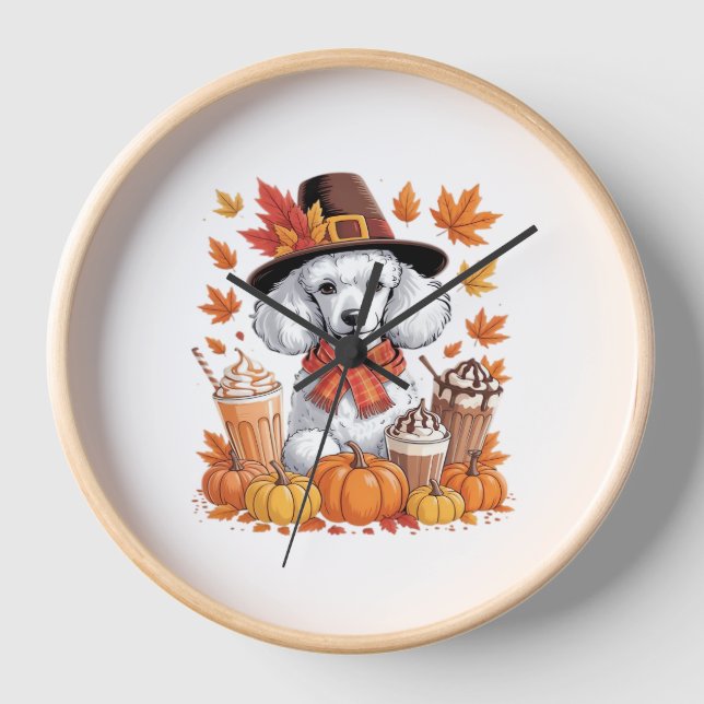 Horloge Poodle Thanksgiving Boissons Café Automne Feuilles (Recto)