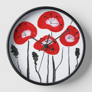 Horloge Poppies rouges modernes, fleurs Abstraites d'aquar