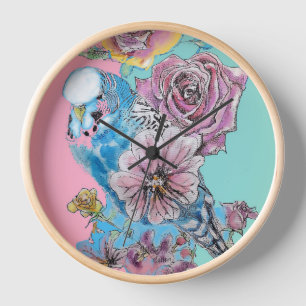 Horloge Porte-clés fleur rose Budgies perruche bleue flora