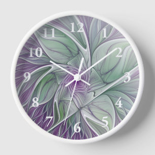 Horloge Rêve de fleurs, Abstrait violet vert Fractal Art