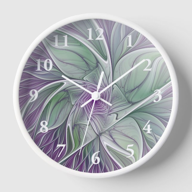 Horloge Rêve de fleurs, Abstrait violet vert Fractal Art (Recto)