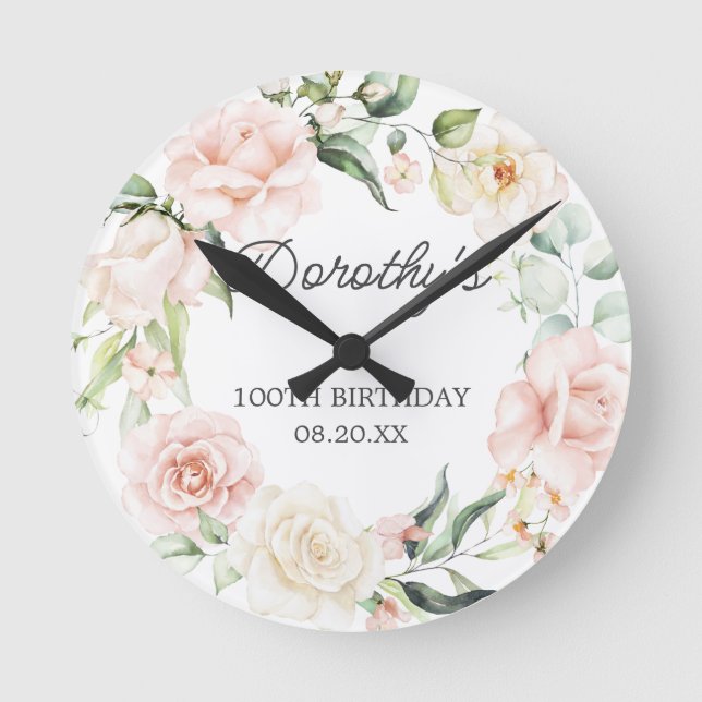 Horloge Ronde 100e anniversaire Rose rose Floral Eucalyptus cour (Recto)