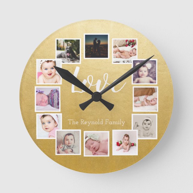 Horloge Ronde 12 Collage photo Or personnalisé (Recto)