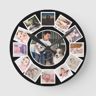 Horloge Ronde 13 Photo Collage Personalized Black White