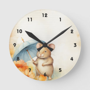Horloge Ronde 1 Souris avec parapluie bleu orange fleurs roses