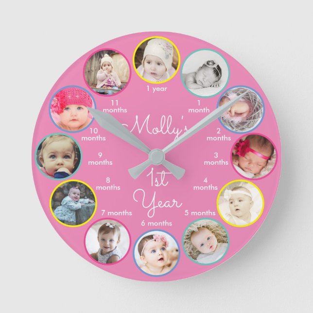 Horloge Ronde 1st Year of Photos Girl Nursery Round Clock (Recto)