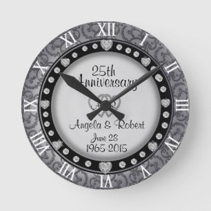 Horloge Ronde 25e anniversaire Mariage d'argent Monogramme