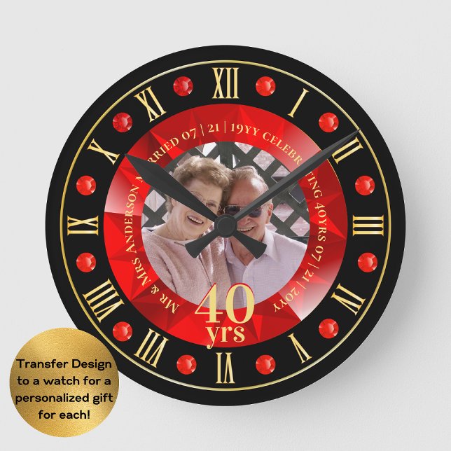 Horloge Ronde 40e anniversaire Mariage photo cadeau Ruby Red (Créateur téléchargé)