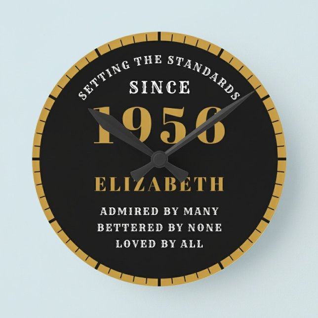 Horloge Ronde 70e anniversaire Né en 1956 Noir Or (Born 1956 standards birthday clock. Pastel background.)