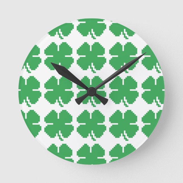 Horloge Ronde 8 bits Pixel Lucky Four Leaf Clocher (Recto)