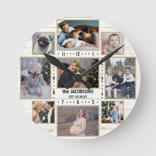 Horloge Ronde 9 Famille Photo Collage Nom Farmhouse Lumière Bois (Recto)