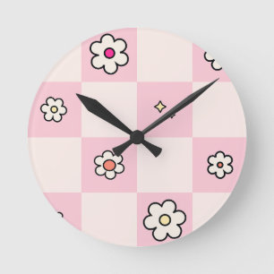 Horloge Ronde à damiers marguerites roses