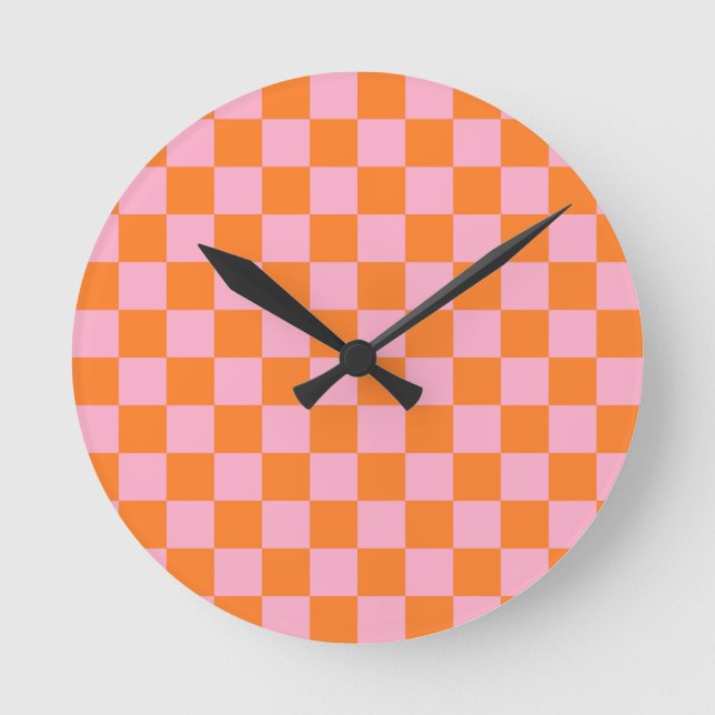 Horloge Ronde à damiers orange et rose (Recto)