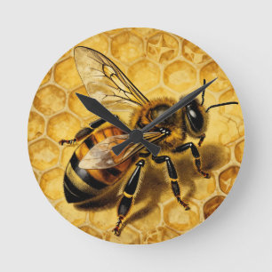 Horloge Ronde Abeille à Miel Rucher Doré Naturel