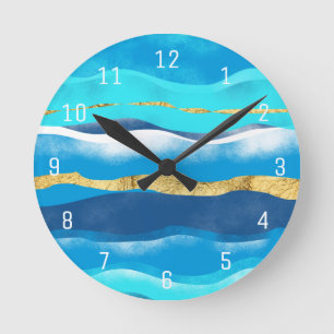 Horloge Ronde Abstract Summer Tropical Beach Blue Gold Waves