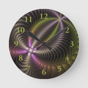 Horloge Ronde Abstrait brillant Trippy coloré 3D Fractal Art