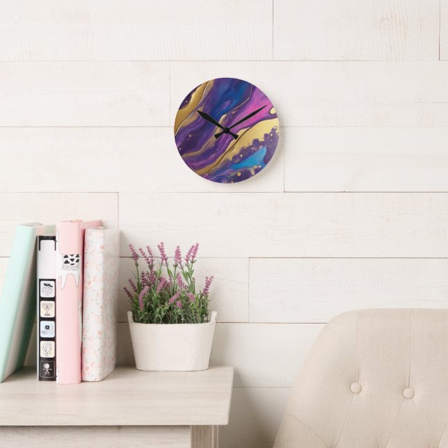 Horloge Ronde Abstrait-flux Art-bleu rose violet et or- (Salle de lecture)