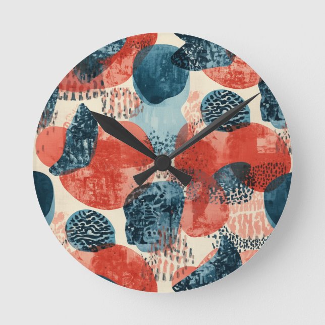 Horloge Ronde abstrait géométrique moderne Corail et Bleu (Recto)