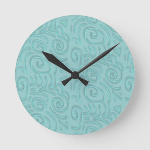 Horloge Ronde Abstrait Turquoise Artistique Dessiné à la Main